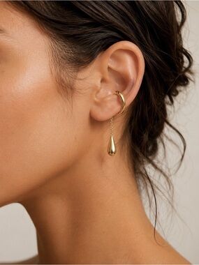 Gold Tone Teardrop Chain Dangle Ear Cuff Earring